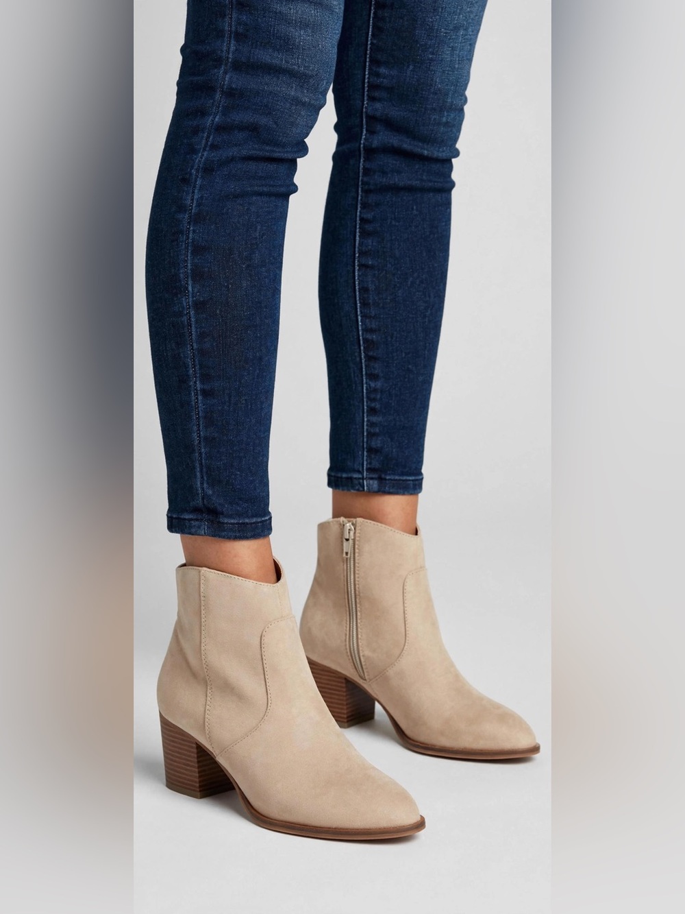 LOFT Light Beige Suede Ankle Booties with Stacked Heel